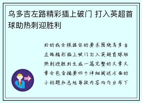 乌多吉左路精彩插上破门 打入英超首球助热刺迎胜利