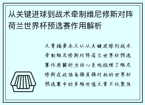 从关键进球到战术牵制维尼修斯对阵荷兰世界杯预选赛作用解析